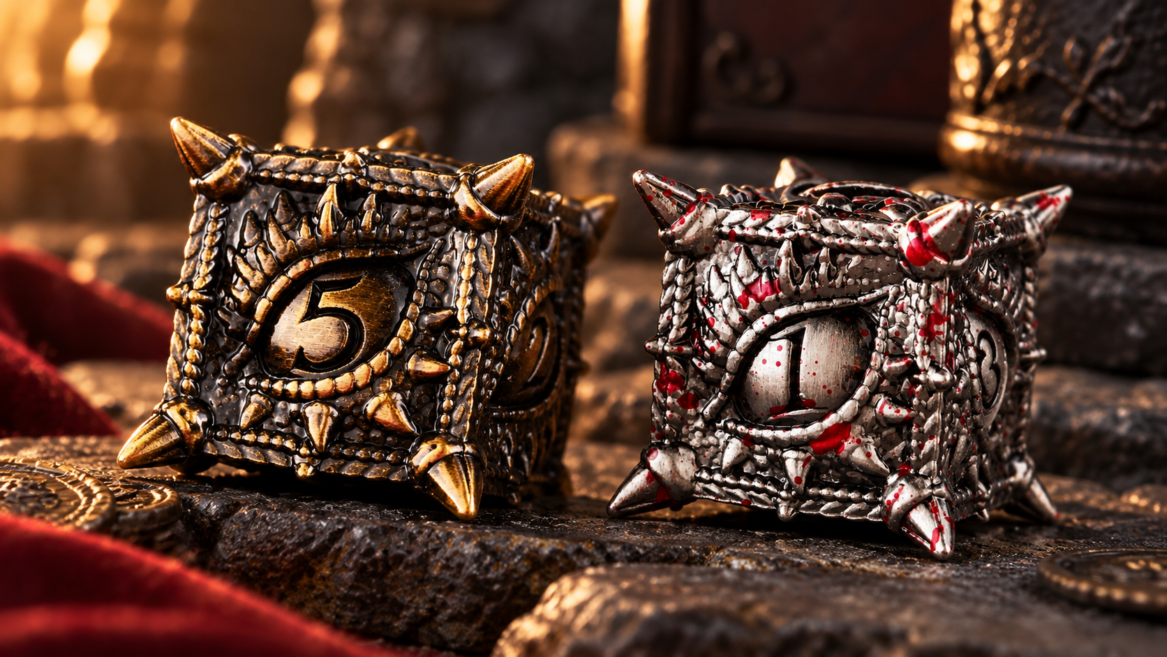 Two Dragon’s Gaze sculptural metal dice in antique bronze and silver with red accents, in a warm candlelit setting.