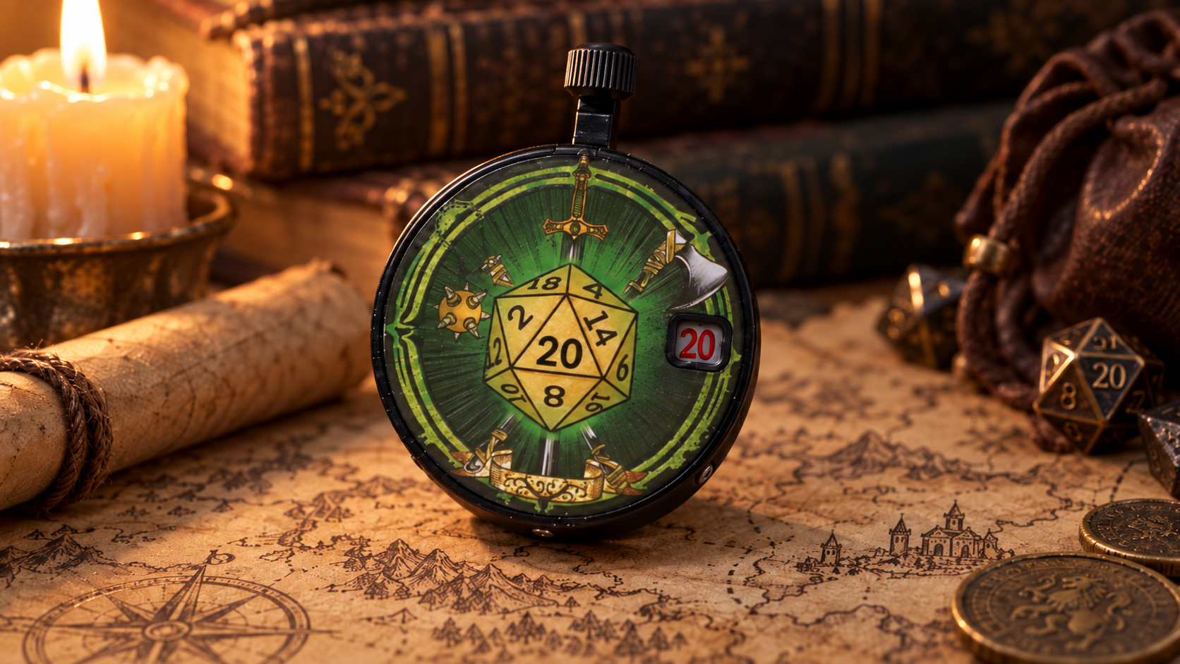 Green SURPASS mechanical pocket-watch dice spinner on a map in a candlelit tabletop setting.